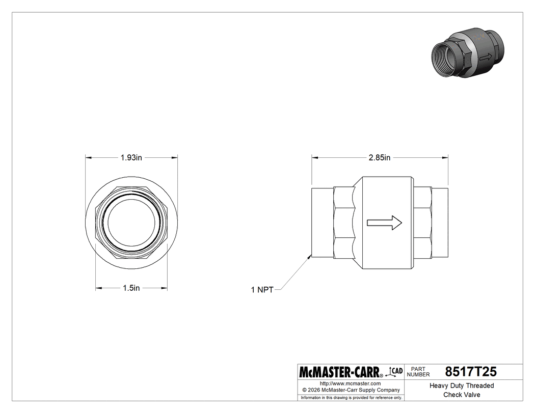 Technical Drawing of Heavy Duty Threaded Check Valve, for Drinking Water, 1 NPT Female.
